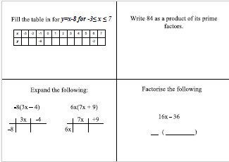 Starter activity on graphs, expanding and factorising.